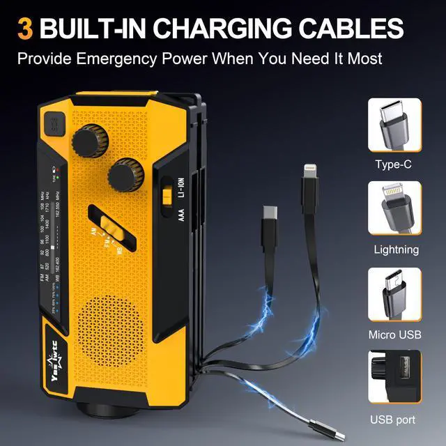 Alt view image 2 of 6 - Hand Crank Emergency Radio 7400mWh (2000mAh) Solar Hand Crank Radio Built in 3 Charging Cables AM/FM/NOAA Weather Radio Battery Operated Hand Crank Charger for Emergency Supplies Survival Gear