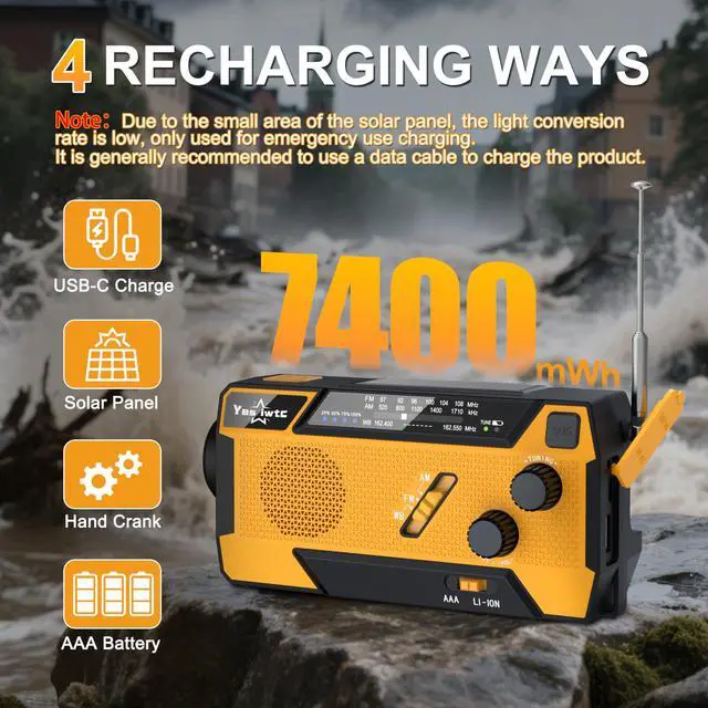Alt view image 5 of 6 - Hand Crank Emergency Radio 7400mWh (2000mAh) Solar Hand Crank Radio Built in 3 Charging Cables AM/FM/NOAA Weather Radio Battery Operated Hand Crank Charger for Emergency Supplies Survival Gear