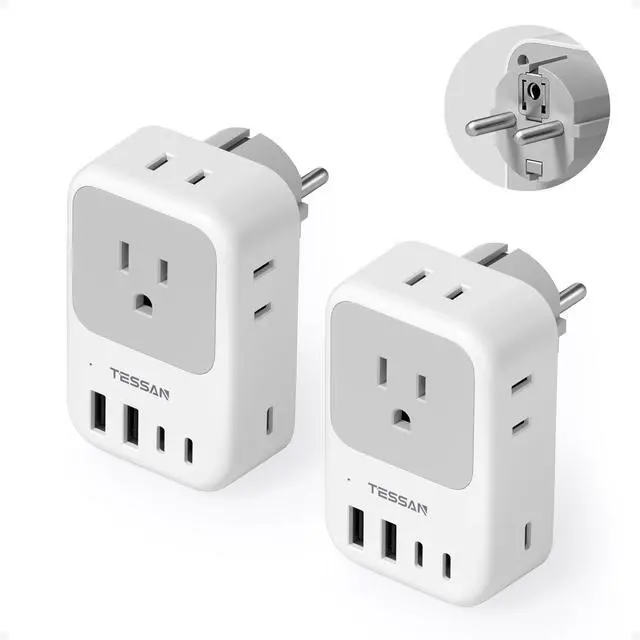 Main image of Type F Plug Adapter 2 Pack, 28W Germany France Travel | 4 Outlets 5 USB Ports (3 USB-C), Type E Power Adaptor, US to Europe Spain Iceland Greece South Korea Russia Norway