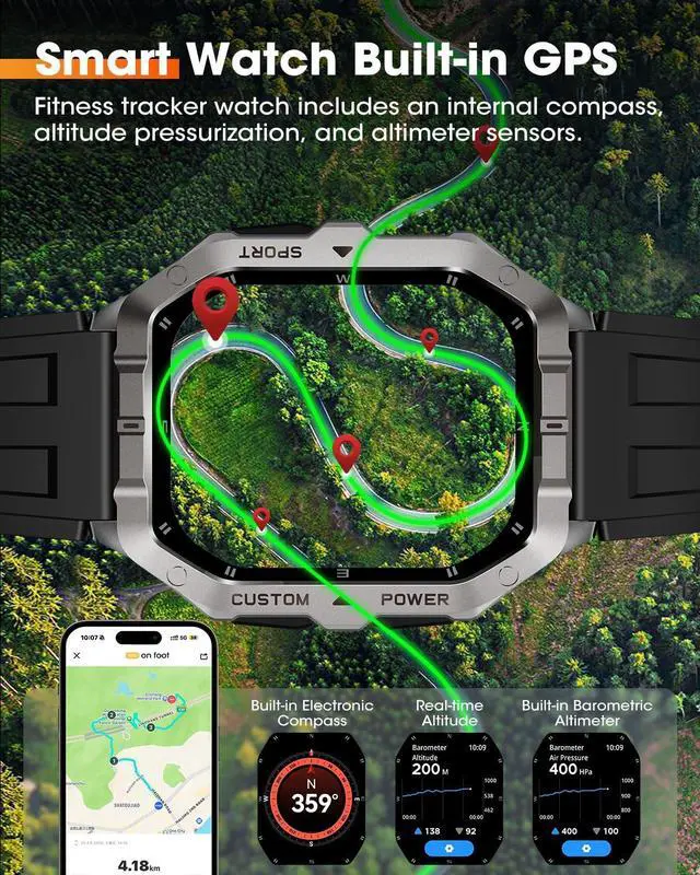 Alt view image 3 of 6 - Military Smart Watches for Men,2.02''Smartwatch Fitness Tracker Built-inGPS | Built-in GPS with Sleep Monitor/Heart Rate/100+ Sport Modes/Waterproof/Answer/Make Calls/Compatible for Android and iPhone