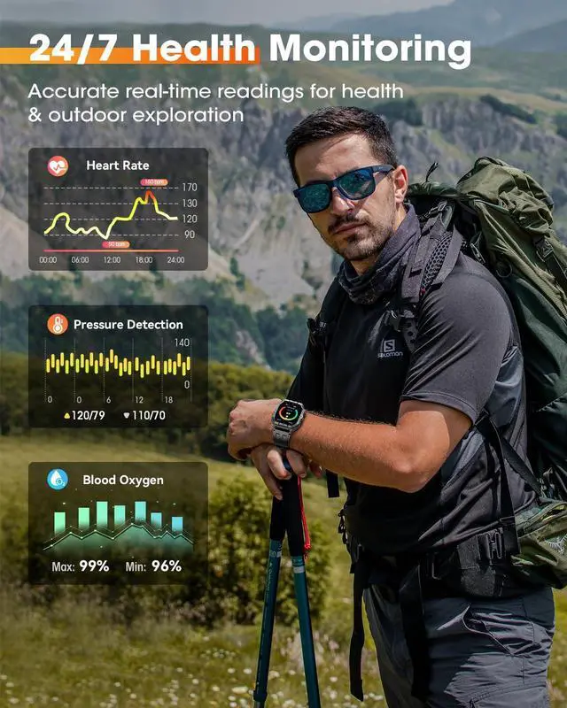Alt view image 4 of 6 - Military Smart Watches for Men,2.02''Smartwatch Fitness Tracker Built-inGPS | Built-in GPS with Sleep Monitor/Heart Rate/100+ Sport Modes/Waterproof/Answer/Make Calls/Compatible for Android and iPhone