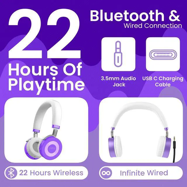Alt view image 3 of 6 - Kids Headphones, Volume-Limiting, JuniorJam Plus, Purple | Universal Hybrid Active Noise Cancelling Headphone, Volume Limiting, Hi-Res Audio, 32h Playtime, Pc Wireless Headset with Mic