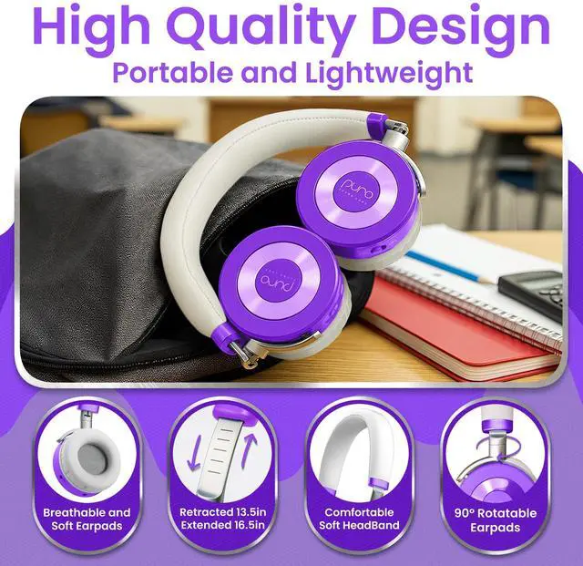 Alt view image 5 of 6 - Kids Headphones, Volume-Limiting, JuniorJam Plus, Purple | Universal Hybrid Active Noise Cancelling Headphone, Volume Limiting, Hi-Res Audio, 32h Playtime, Pc Wireless Headset with Mic