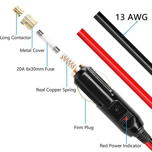 Alt view image 3 of 7 - Cigarette Lighter Male Plug Cable,12V Replacement Car Cigarette Lighter,With 20A Fuse,13AWG Tin-Plated Tail Wire- 2M/6.5FT
