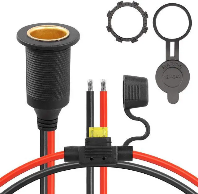 Main image of 12V/24V Fixed Thread Cigarette Lighter Socket Extension Cable,20A 13AWG Waterproof Cigarette Lighter Female Socket Replacement Cable-0.3m/1ft