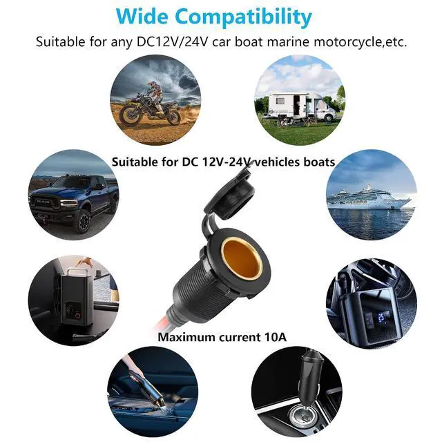 Alt view image 5 of 7 - 12V/24V Fixed Thread Cigarette Lighter Socket Extension Cable,20A 13AWG Waterproof Cigarette Lighter Female Socket Replacement Cable-0.3m/1ft