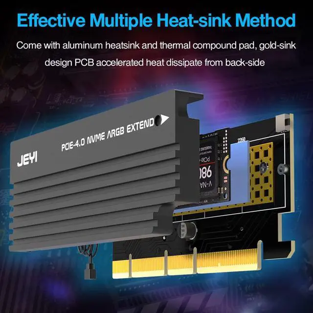 Alt view image 3 of 6 - Aluminum Alloy 5V 3Pin ARGB PCIE 4.0 to NVME Protocol Adapter Card with SSD Heatsink Support PCIE X4 X8 X16 Slot (RGB)