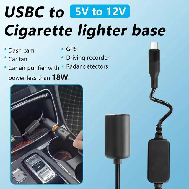 Alt view image 2 of 7 - 3.2ft USB C Male to 12V 18W Cigarette Lighter Socket Adapter Power Cable for Dash Cam,Radar Detector, GPS, Car Led Light Strips, and Other Automotive Electronics
