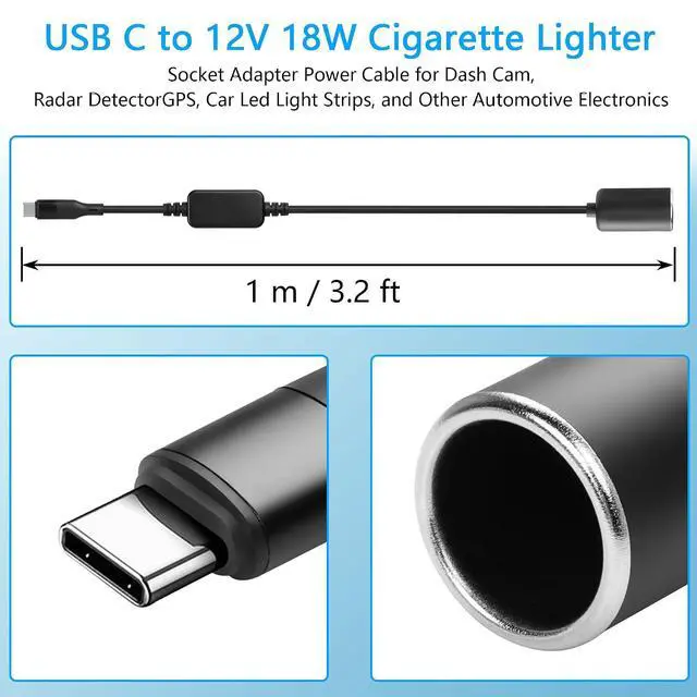 Alt view image 7 of 7 - 3.2ft USB C Male to 12V 18W Cigarette Lighter Socket Adapter Power Cable for Dash Cam,Radar Detector, GPS, Car Led Light Strips, and Other Automotive Electronics
