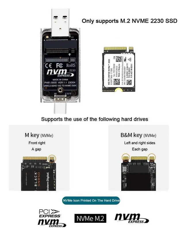 Alt view image 5 of 7 - M.2 2230 SSD Enclosure 10Gbps M.2 NVME SSD High-Speed Adapter Mobile Solid Hard Disk Box JMS583 Master Control with USB & Type-C Dual-Head