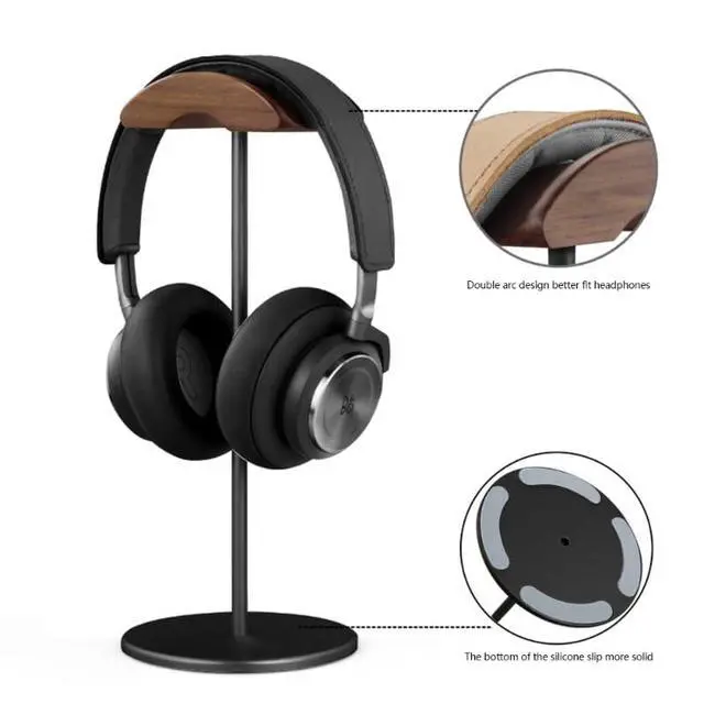 Alt view image 2 of 7 - Black Walnut Wood Aluminum Headphone Stand Holder Nature Walnut Gaming Headset Holder Rack Earphone Brace with Solid Metal Base for Table Desk Display (Silver)