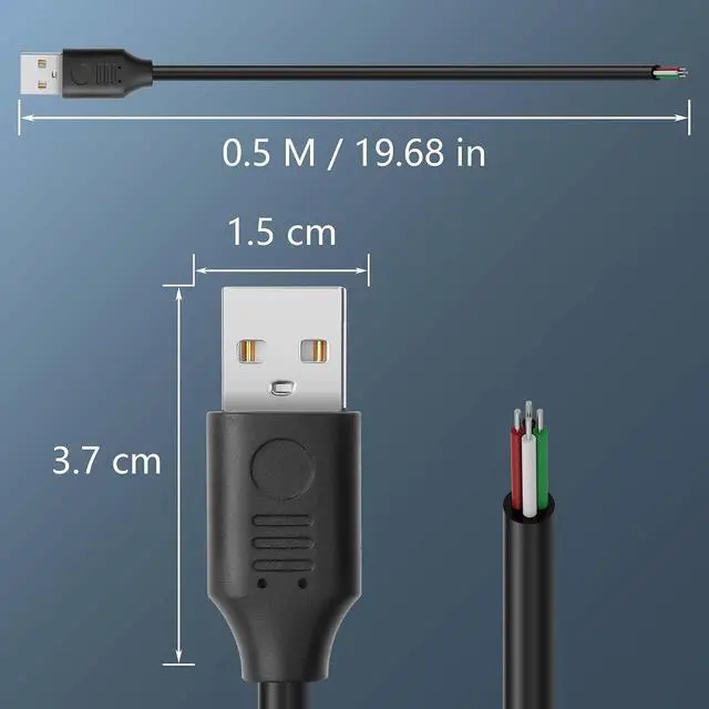 Alt view image 6 of 6 - 2PCS Short USB A Male 4 Pin Bare Wire,24AWG USB 2.0 Male Plug to Bare Wire Open End Power and Data Replacement Repair Extension Cable-0.5M/1.6FT