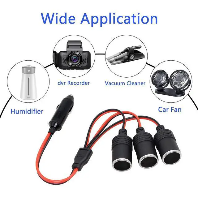 Alt view image 7 of 7 - 1 to 3 Car Cigarette Lighter 12v 24v Power Charger Adapter 3 Way Socket Splitter Female Socket Plug Extension Cord Cable
