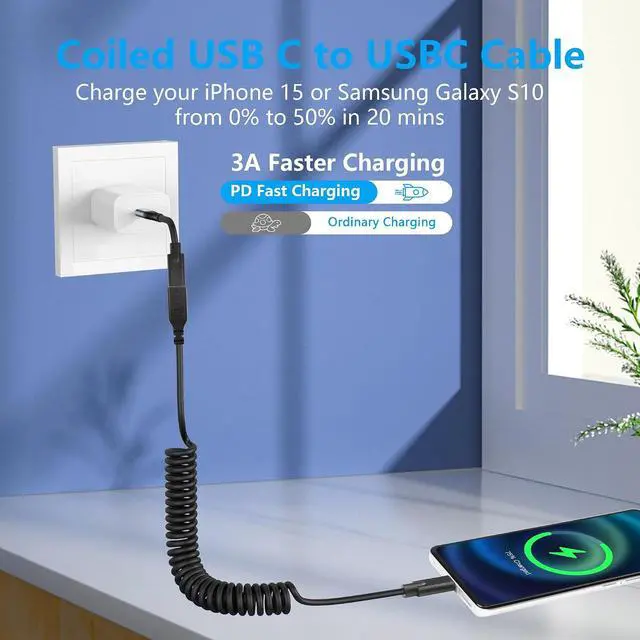 Alt view image 5 of 7 - Coiled USB Type C Extension Cable, USB-C Male to USB-C Female Spring Spiral Fast Charger Cable Stretched 3.6FT/1.1M (Straight)
