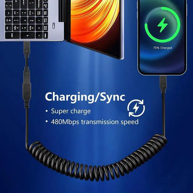 Alt view image 6 of 7 - Coiled USB Type C Extension Cable, USB-C Male to USB-C Female Spring Spiral Fast Charger Cable Stretched 3.6FT/1.1M (Straight)