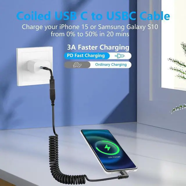 Alt view image 5 of 7 - Coiled USB Type C Extension Cable,90 Degree Angle USB-C Male to USB-C Female Spring Spiral Fast Charger Cable Stretched 3.6FT/1.1M (Right Angle 90 Degree)