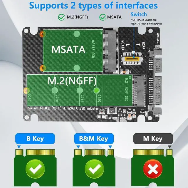 Alt view image 2 of 7 - M.2 NGFF SSD & MSATA SSD to 2.5"" SATA III Converter Adapter 2 in 1 B Key/B&M Key M.2 NGFF mSATA SSD Hard Drive to SATA3.0 Enclosure Adapter Not for M Key, black
