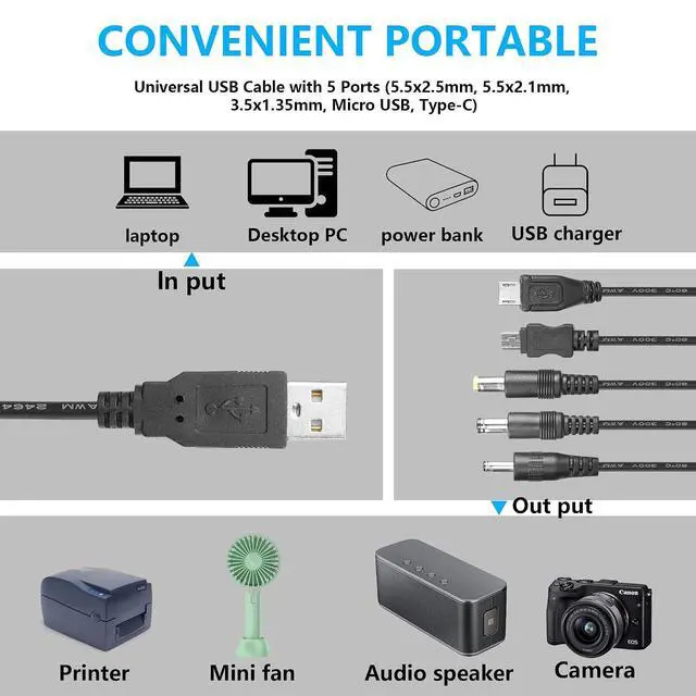 Alt view image 4 of 6 - USB to DC 5V Power Cord, Universal USB Cable with 5 Ports (5.5x2.5, 5.5x2.1, 3.5x1.35, Micro USB, Type-C) for Router,Mini Fan,Speaker, MP3, MP4 More 5V Devices - 0.6M/2FT