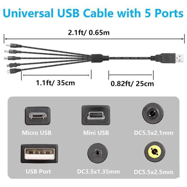 Alt view image 3 of 6 - USB to DC 5V Power Cord, Universal USB Cable with 5 Ports (5.5x2.5, 5.5x2.1, 3.5x1.35, Micro USB, Type-C) for Router,Mini Fan,Speaker, MP3, MP4 More 5V Devices - 0.6M/2FT