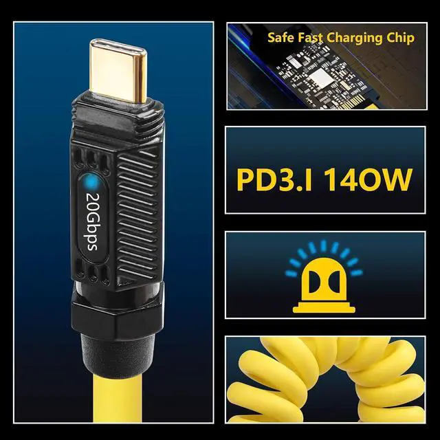 Alt view image 6 of 7 - USB C Extension Cable 140W 20Gbps 8K 1.64-5FT, Coiled USB C Extender Cord Male to Female Support PD3.1/PE/QC/PPS and Other Fast Charging Protocols