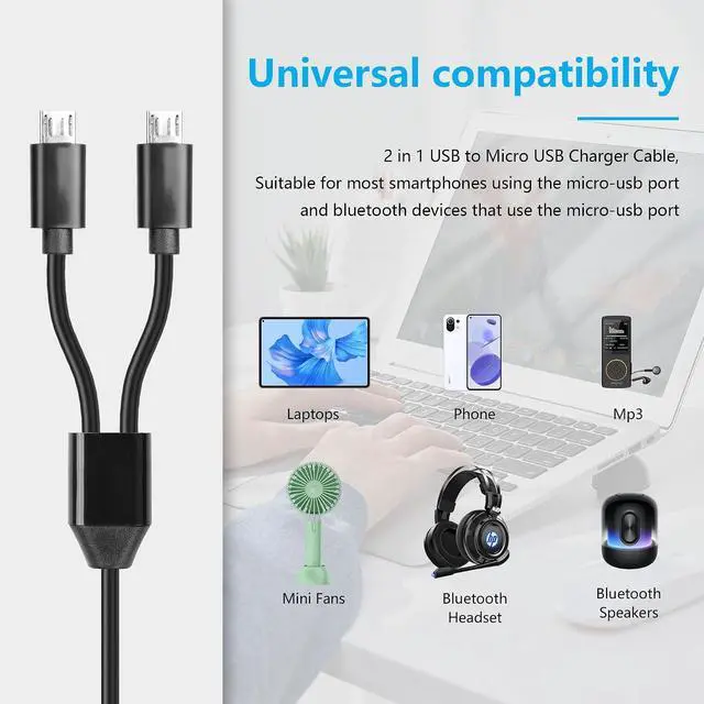 Alt view image 2 of 6 - Micro USB Multi Charging Cable, 3FT USB 2.0 Type A Male to 2 Micro USB Male Splitter Y Data Charge Connector Adapter Cable (Black) 2Pack