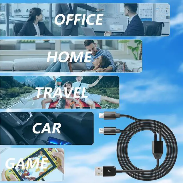 Alt view image 6 of 6 - Micro USB Multi Charging Cable, 3FT USB 2.0 Type A Male to 2 Micro USB Male Splitter Y Data Charge Connector Adapter Cable (Black) 2Pack