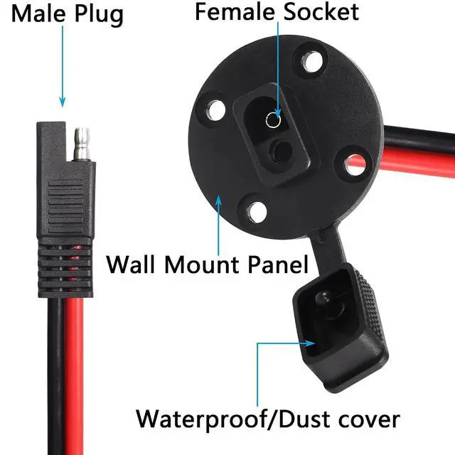 Alt view image 2 of 6 - 0.3m 10awg SAE Mount Panel Solar Socket Sidewall Port Cable & 0.3m 10awg SAE 2 PIN Connector Extension Cable with O Ring(2-Pack)(1a-2a)