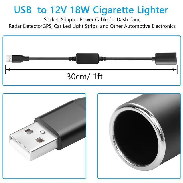 Alt view image 7 of 7 - 1ft USB A Male to 12V 18W Car Cigarette Lighter Socket Female Converter Cable for Dash Cam,Radar Detector, GPS, Car Led Light Strips, and Other Automotive Electronics (18W Max)