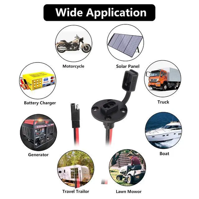 Alt view image 6 of 6 - 0.3m 10awg SAE Mount Panel Solar Socket Sidewall Port Cable & 0.3m 10awg SAE 2 PIN Connector Extension Cable with O Ring(2-Pack)(1a-2a)