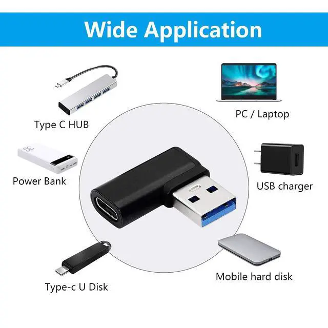 Alt view image 7 of 7 - 90 Degree USB C to USB A Adapter, Right Angle & Left Angle USB A 3.0 Male to USB Type C 3.1 Female Connector for Laptops, Wall Chargers, Power Banks(2-Pack)