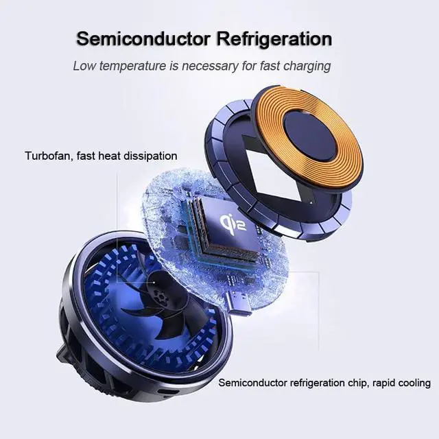 Alt view image 5 of 7 - RGB 15W Magnetic Car Vent Wireless Charger Holder Semiconductor Cooling Fast Charging Mount Fit iPhone 15/iPhone 14/13/12 Series and Magnetic Case