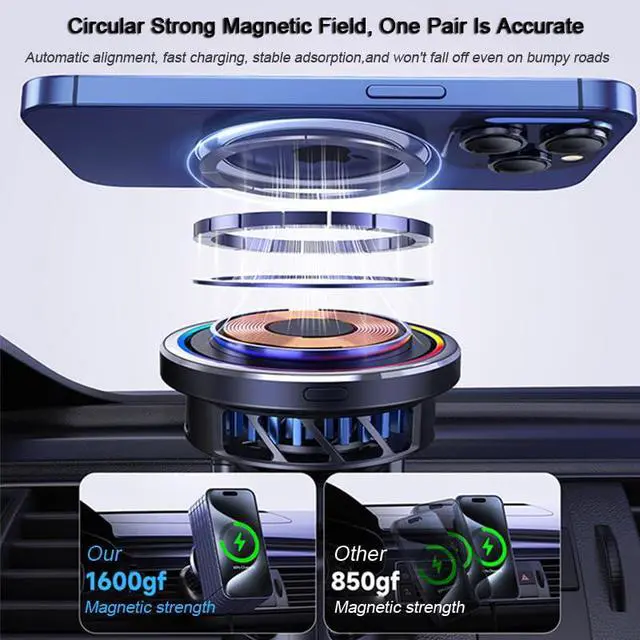 Alt view image 6 of 7 - RGB 15W Magnetic Car Vent Wireless Charger Holder Semiconductor Cooling Fast Charging Mount Fit iPhone 15/iPhone 14/13/12 Series and Magnetic Case