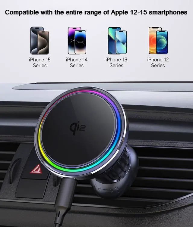 Alt view image 7 of 7 - RGB 15W Magnetic Car Vent Wireless Charger Holder Semiconductor Cooling Fast Charging Mount Fit iPhone 15/iPhone 14/13/12 Series and Magnetic Case