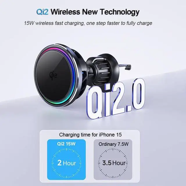 Alt view image 2 of 7 - RGB 15W Magnetic Car Vent Wireless Charger Holder Semiconductor Cooling Fast Charging Mount Fit iPhone 15/iPhone 14/13/12 Series and Magnetic Case
