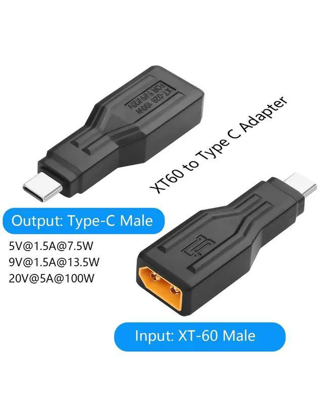 Alt view image 2 of 6 - XT60 to Type C Adapter, XT60 Male to USB Type-C Male Charging Connector, XT60 to USB C Extension Adapter 100W 20V/5A for Notebook, Projectors, LED, Robot Vacuum,and Other Typec Devices