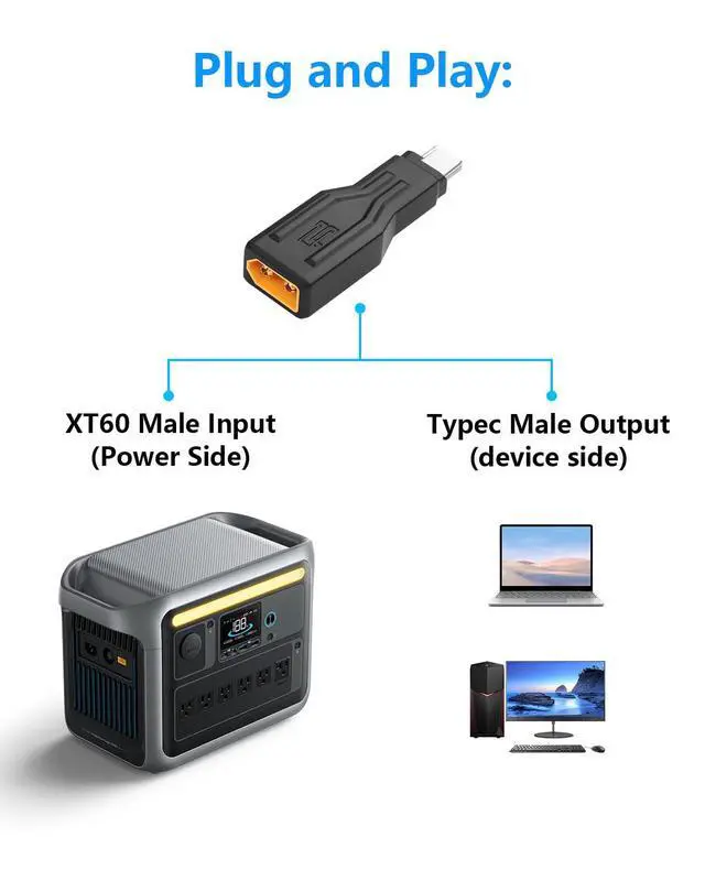 Alt view image 4 of 6 - XT60 to Type C Adapter, XT60 Male to USB Type-C Male Charging Connector, XT60 to USB C Extension Adapter 100W 20V/5A for Notebook, Projectors, LED, Robot Vacuum,and Other Typec Devices