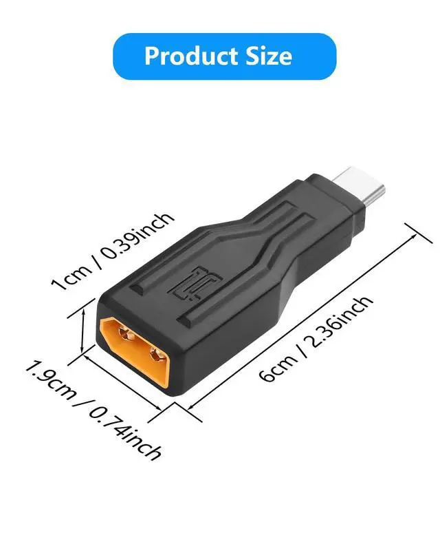 Alt view image 6 of 6 - XT60 to Type C Adapter, XT60 Male to USB Type-C Male Charging Connector, XT60 to USB C Extension Adapter 100W 20V/5A for Notebook, Projectors, LED, Robot Vacuum,and Other Typec Devices