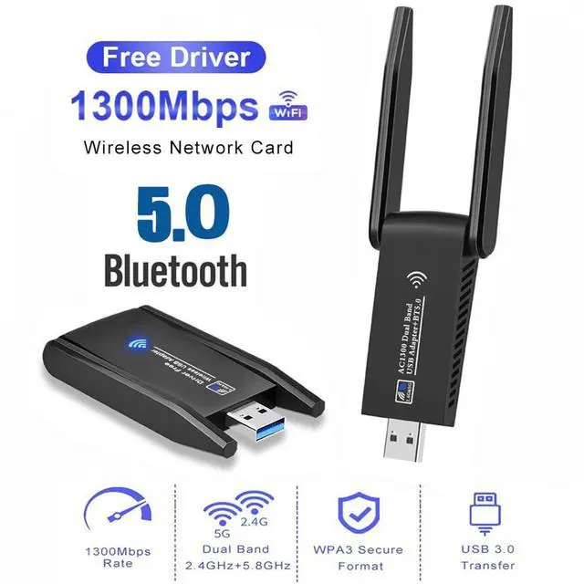 Alt view image 2 of 7 - AC1300 Dual Band WiFi Wireless Network Card + BT 5.0 Adapter USB 3.0 1300M 802.11ac Adapter Bluetooth 5.0 with Antenna for Laptop PC 2.4GHz + 5.8GHz Mini Dongle