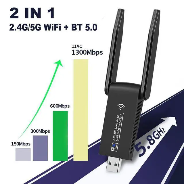 Alt view image 3 of 7 - AC1300 Dual Band WiFi Wireless Network Card + BT 5.0 Adapter USB 3.0 1300M 802.11ac Adapter Bluetooth 5.0 with Antenna for Laptop PC 2.4GHz + 5.8GHz Mini Dongle