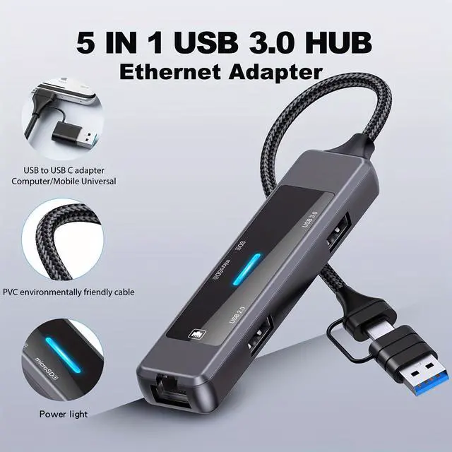 Alt view image 3 of 7 - USB 3.0 to Ethernet Adapter, 5 in 1 Multi-Port Hub with Gigabit RJ45 and Type-C Power Port, LAN Network Adapter Compatible with Laptop Desktop PC