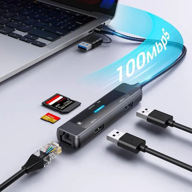Alt view image 4 of 7 - USB 3.0 to Ethernet Adapter, 5 in 1 Multi-Port Hub with Gigabit RJ45 and Type-C Power Port, LAN Network Adapter Compatible with Laptop Desktop PC