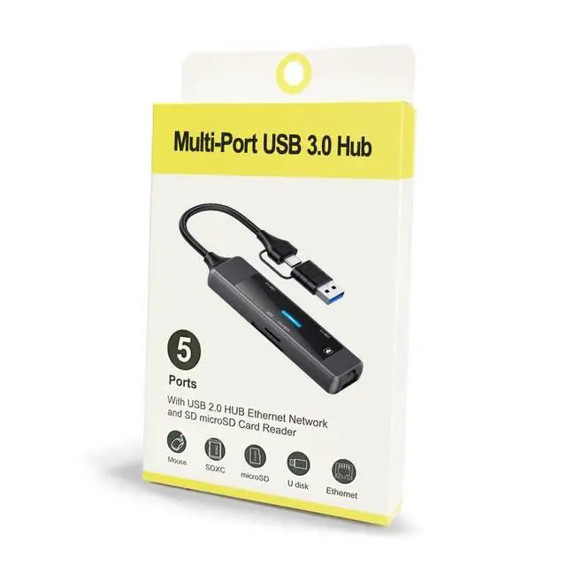 Alt view image 7 of 7 - USB 3.0 to Ethernet Adapter, 5 in 1 Multi-Port Hub with Gigabit RJ45 and Type-C Power Port, LAN Network Adapter Compatible with Laptop Desktop PC
