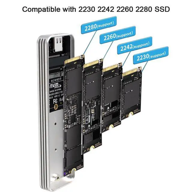 Alt view image 5 of 7 - M.2 NVME SSD Enclosure, M.2 NVMe Solid State Drive External Enclosure, Silver Aluminum Alloy USB 3.2 Gen2 Hard Drive Case for SSD 2230 / 2242 / 2260 / 2280