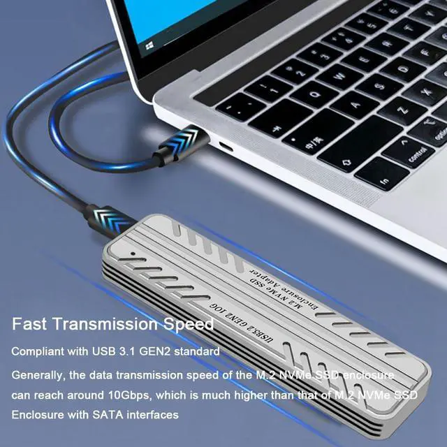 Alt view image 3 of 7 - M.2 NVME SSD Enclosure, M.2 NVMe Solid State Drive External Enclosure, Silver Aluminum Alloy USB 3.2 Gen2 Hard Drive Case for SSD 2230 / 2242 / 2260 / 2280