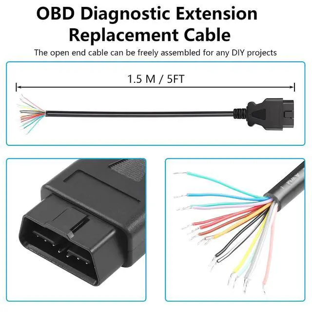 Alt view image 4 of 7 - OBD2 OBDII 16Pin Male Connector to Open Pigtail Wire, 5ft 1.5m OBD Diagnostic Extension Replacement Cable for Vehicle DIY