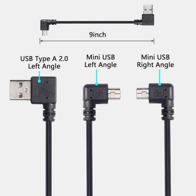 Alt view image 2 of 7 - 9Inch Mini USB Cable Combo Mini USB Right Angle & Left Angle Male to USB Type A