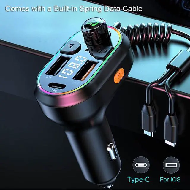 Alt view image 2 of 7 - Car BT5.0 FM Transmitter Wireless Audio Receiver Car MP3 Player 25W PD Fast Charge with Apple Type-C Port Charging Cable