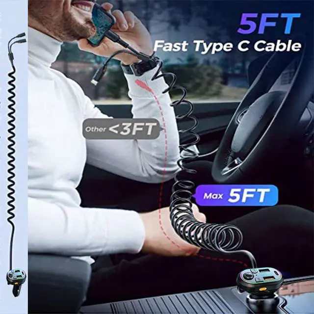 Alt view image 3 of 7 - Car BT5.0 FM Transmitter Wireless Audio Receiver Car MP3 Player 25W PD Fast Charge with Apple Type-C Port Charging Cable