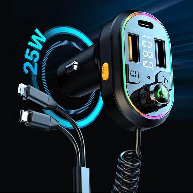 Alt view image 7 of 7 - Car BT5.0 FM Transmitter Wireless Audio Receiver Car MP3 Player 25W PD Fast Charge with Apple Type-C Port Charging Cable