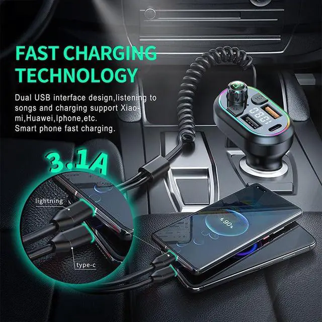 Alt view image 5 of 7 - Car BT5.0 FM Transmitter Wireless Audio Receiver Car MP3 Player 25W PD Fast Charge with Apple Type-C Port Charging Cable